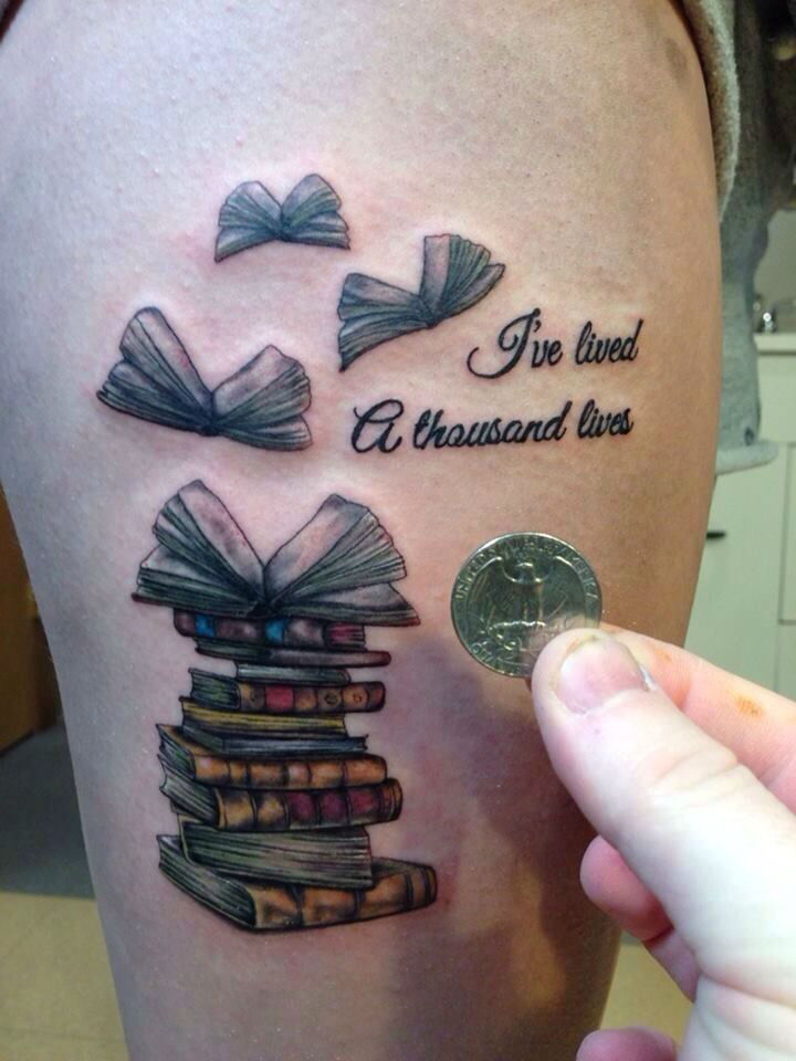 Amazing Colorful Books Tattoo On Side Thigh