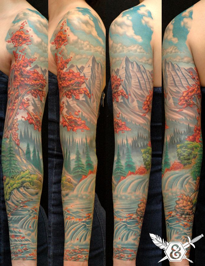 Amazing Colorful Nature Scene Tattoo On Left Full Sleeve By Russ Abbott