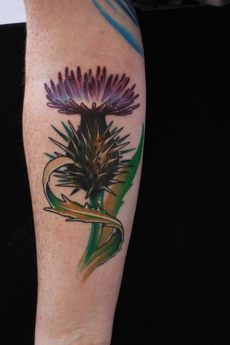 Amazing Colorful Thistle Flower Tattoo On Forearm