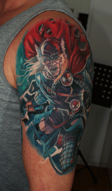 Amazing Colorful Thor Tattoo On Man Left Shoulder