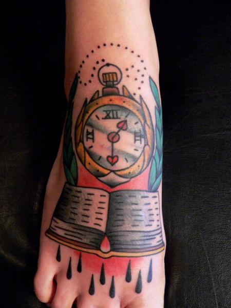Amazing Open Book With Pocket Watch Tattoo On Foot By Last Port