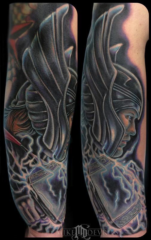 Amazing Thor With Hammer Tattoo Design For Arm By Mike Devries