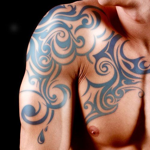 Amazing Tribal Water Tattoo On Man Right Shoulder