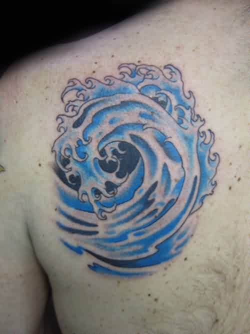 Amazing Water Wave Tattoo On Left Back Shoulder