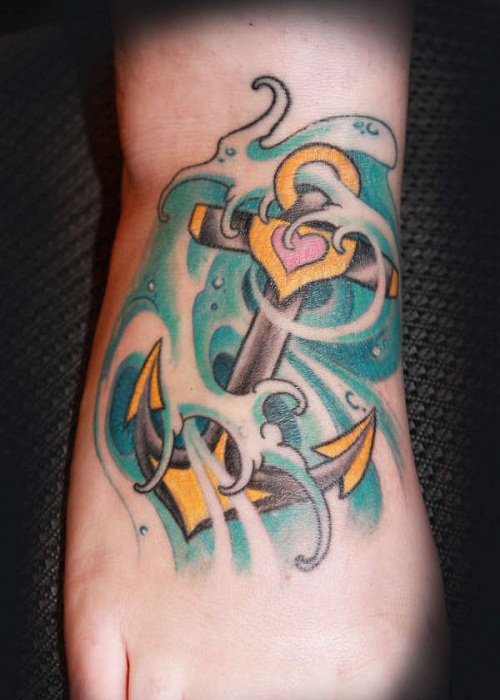 Anchor In Water Tattoo On Foot