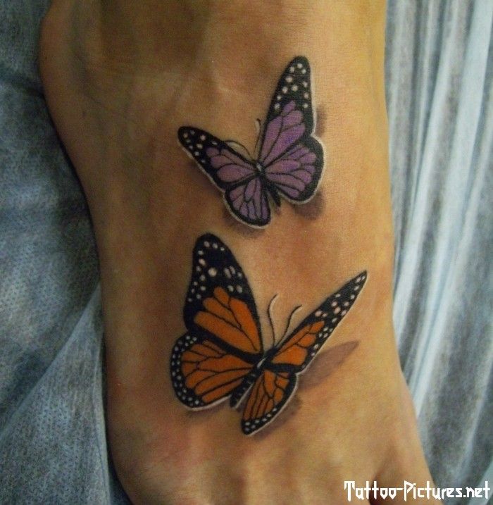 Awesome 3D Nature Butterflies Tattoo On Foot