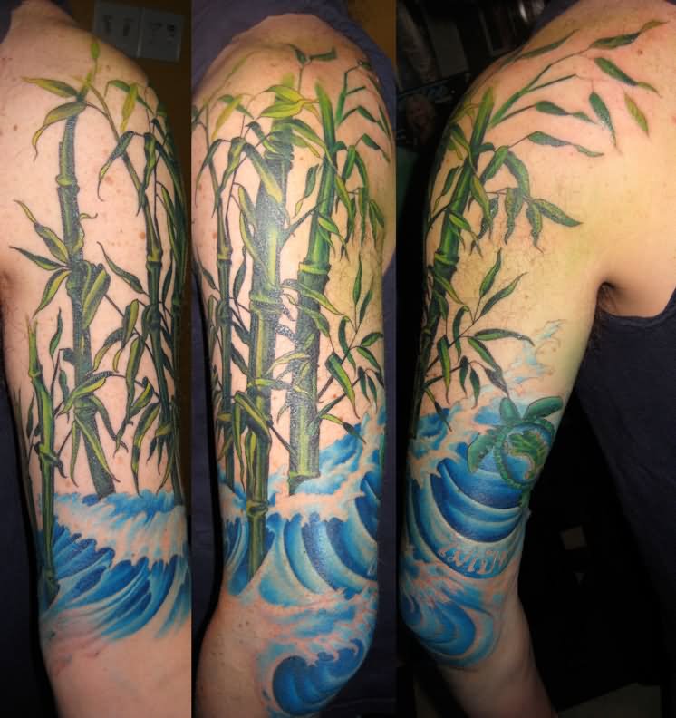 Awesome Bamboo Tree With Water Wave Tattoo On Half Sleeve