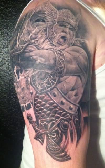 Awesome Black And Grey Thor Tattoo On Right Shoulder