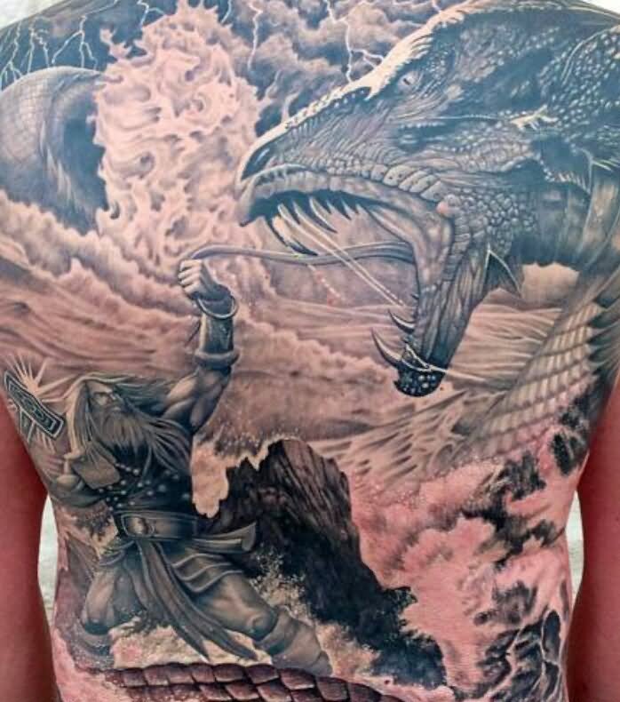 Awesome Black And Grey Thor With Dragon Tattoo On Man Full Back