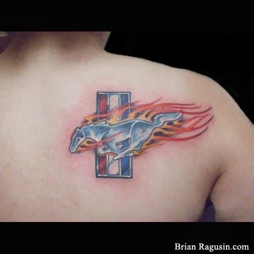 Awesome Colorful Mustang Logo Tattoo On Right Back Shoulder
