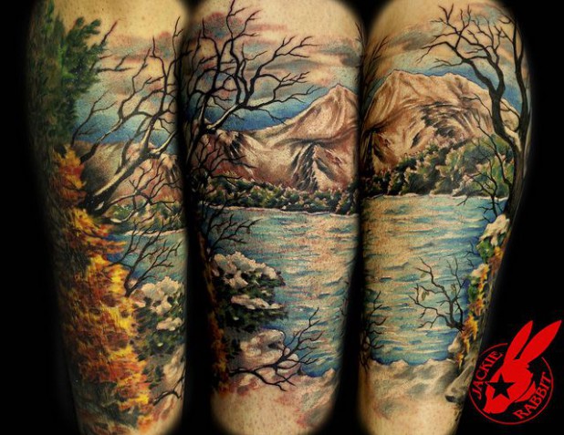 Awesome Colorful Nature View Tattoo Design For Sleeve By Jackie Rabbit