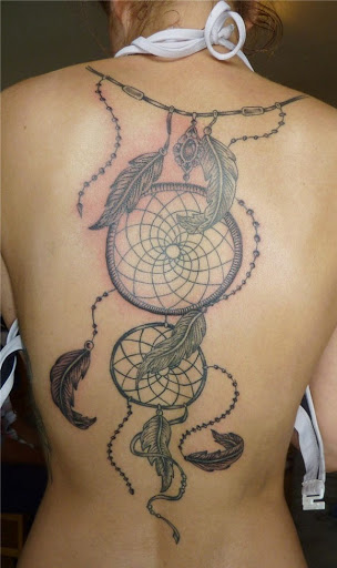 Awesome Grey Ink Dreamcatcher Tattoo On Full Back