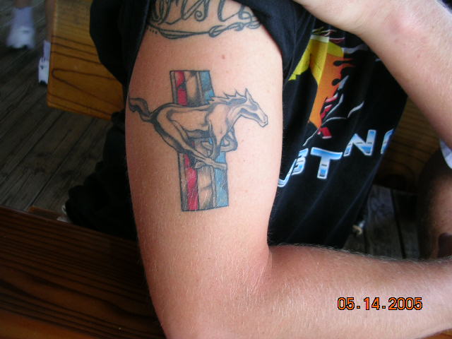 Awesome Mustang Logo Tattoo On Right Half Sleeve