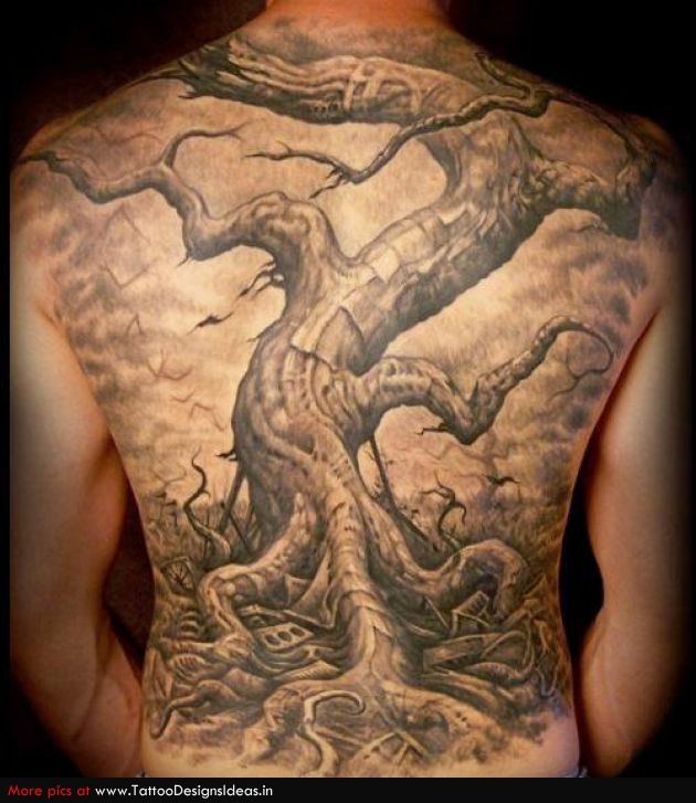 Awesome Nature Tree Without Leaves Tattoo On Full Back