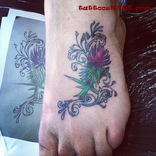 Awesome Thistle Flower Tattoo On Foot