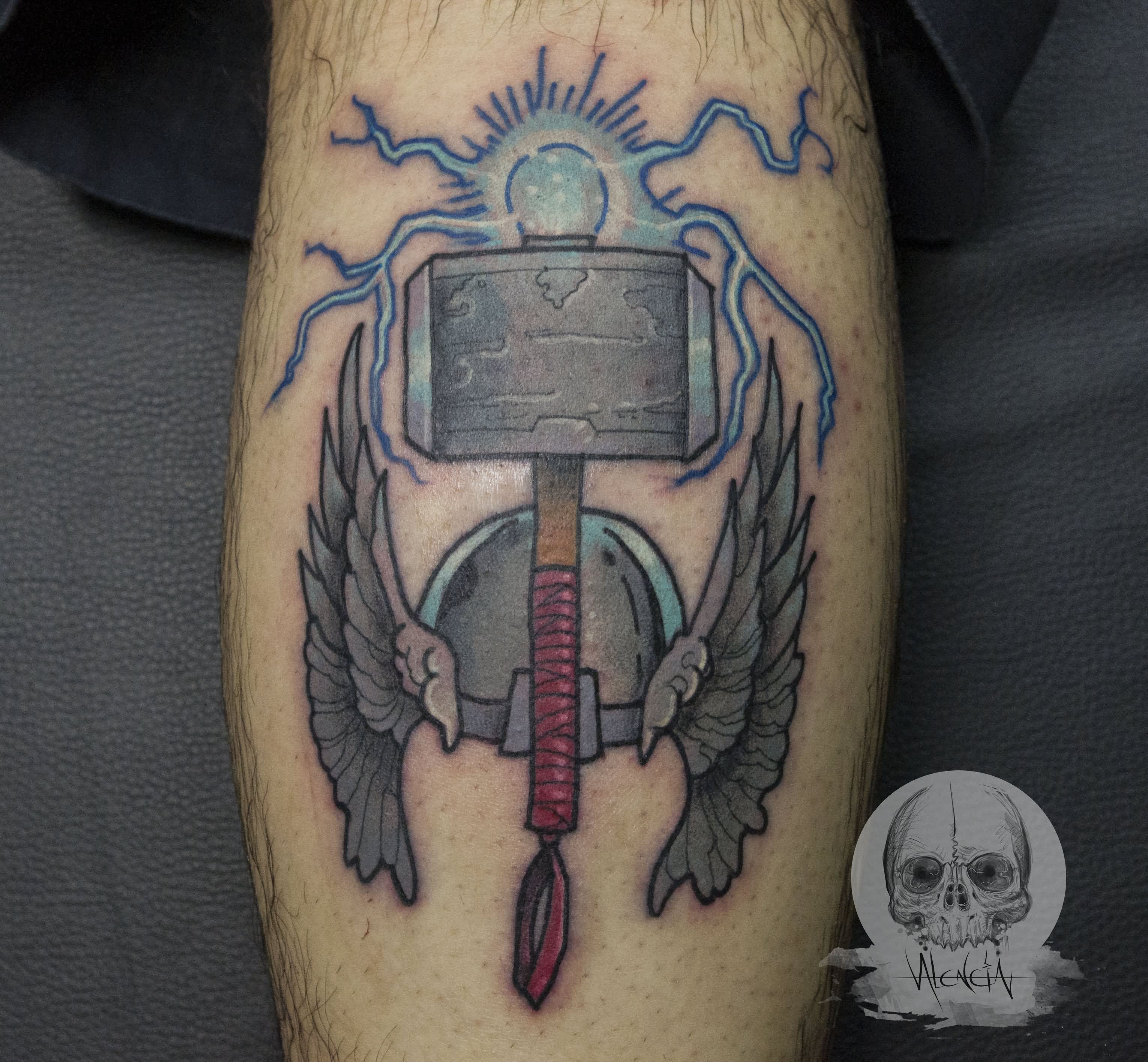Awesome Thor Helmet With Hammer Tattoo Design For Leg By Jose Daniel Valencia