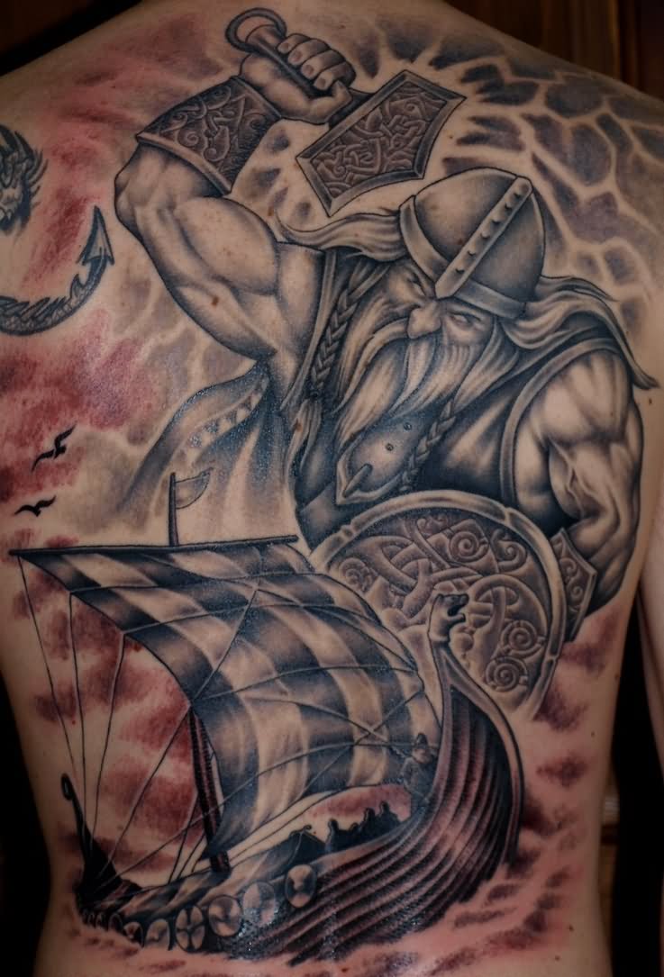 Awesome Thor With Ship Tattoo On Man Full Back By Dylan Briggs