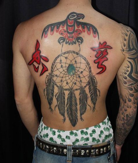 Aztec Bird And Dreamcatcher Tattoo On Full Back
