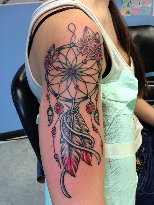 Beautiful Girl With Dreamcatcher Tattoo On Right Arm