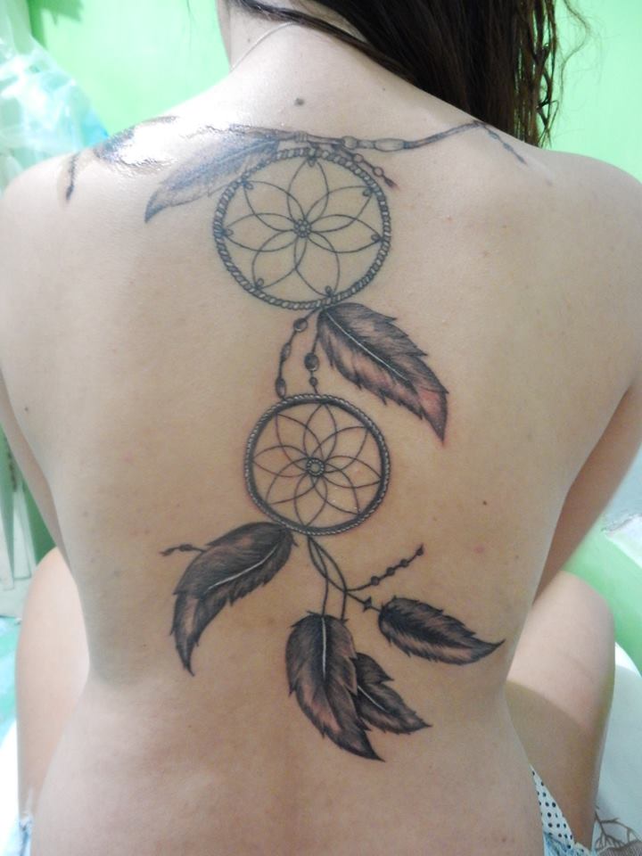 Beautiful Grey Ink Dreamcatcher Tattoo On Back