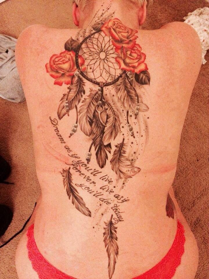 Beautiful Rose Flowers And Dreamcatcher Tattoo On Back Body