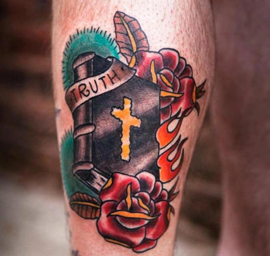 Bible Book With Banner And Flowers Tattoo Design