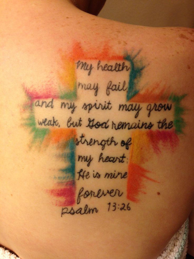 Bible Quote In Cross Tattoo On Girl Right Back Shoulder