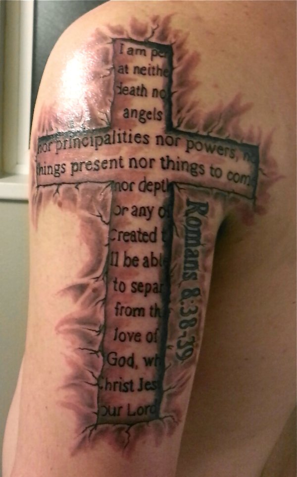 Bible Quote In Cross Tattoo On Left Half Sleeve