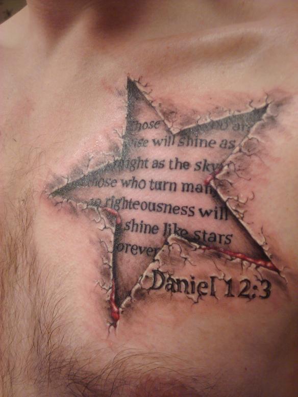 Bible Quote In Ripped Skin Star Tattoo On Man Chest