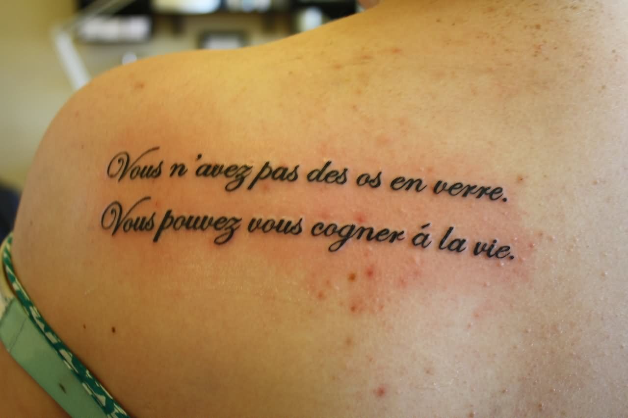 Bible Quote Tattoo On Girl Left Back Shoulder