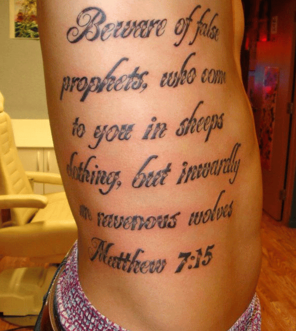 Bible Quote Tattoo On Man Side Rib