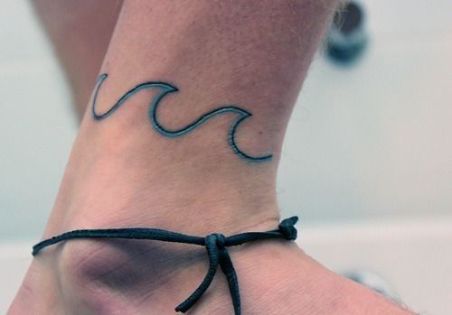 Black And Blue Outline Wave Tattoo On Foot