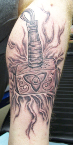 Black And Grey Celtic Thor Hammer Tattoo Design