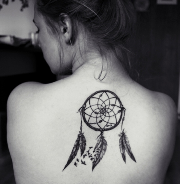 Black And Grey Dreamcatcher Tattoo On Back For Girls
