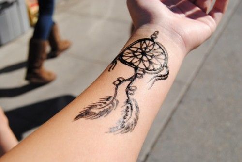 Black And Grey Dreamcatcher Tattoo On Forearm