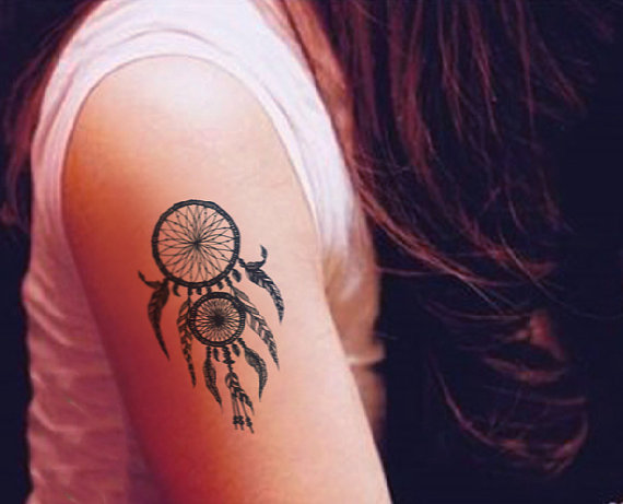 Black And Grey Dreamcatcher Tattoo On Right Arm