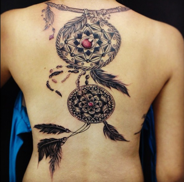 Black And Grey Ink Dreamcatcher Tattoo On Back Body