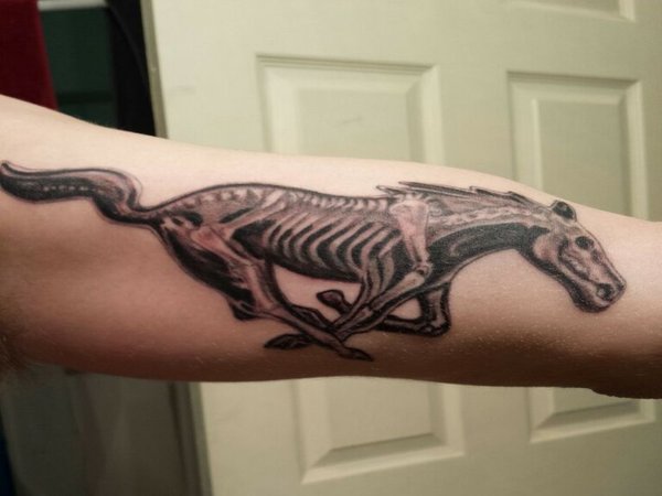 Black And Grey Mustang Skeleton Tattoo Design For Sleeve