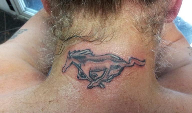 Black And Grey Mustang Tattoo On Back Neck