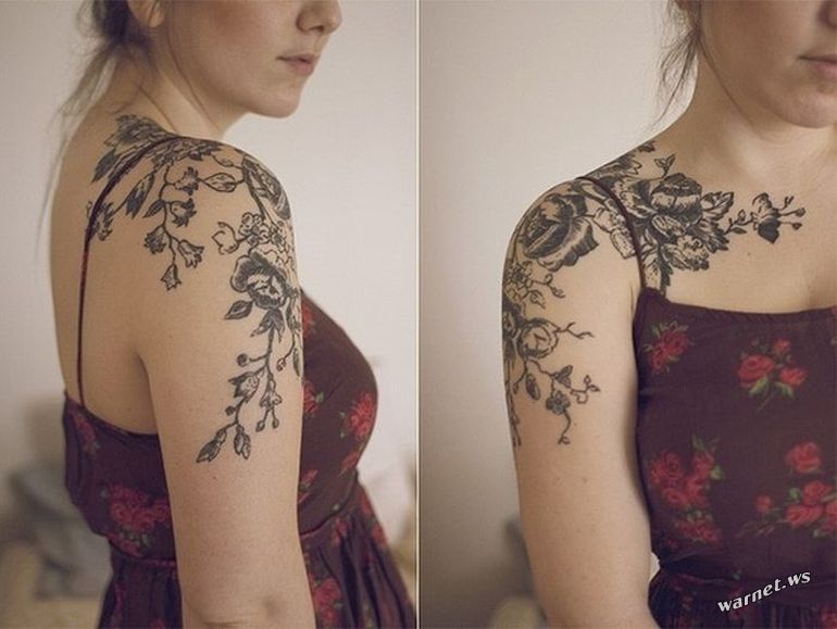 Black And Grey Nature Flowers Tattoo On Girl Right Shoulder