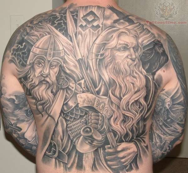 Black And Grey Odin And Thor Tattoo On Man Full Back