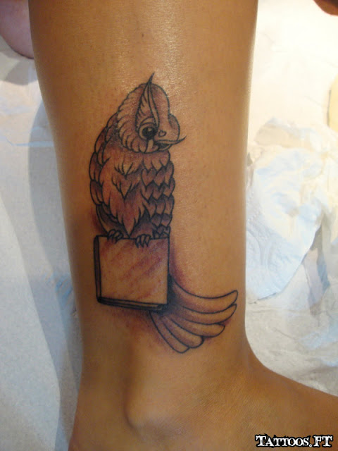 Black And Grey Owl With Book Tattoo On Leg