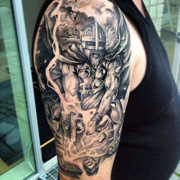 Black And Grey Thor With Hammer Tattoo On Right Half Sleeve