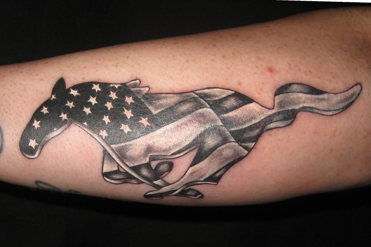 Black And Grey USA Flag In Mustang Tattoo Design For Arm