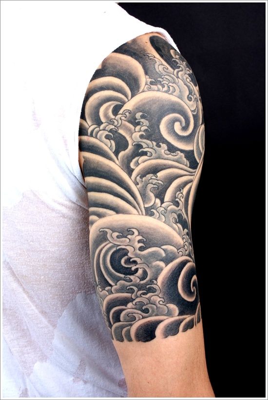 Black And Grey Water Wave Tattoo On Right Half Sleeve