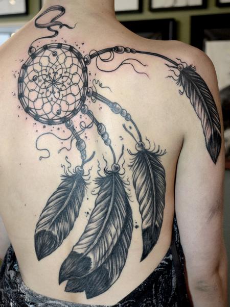 Black Dreamcatcher Tattoo On Back Body