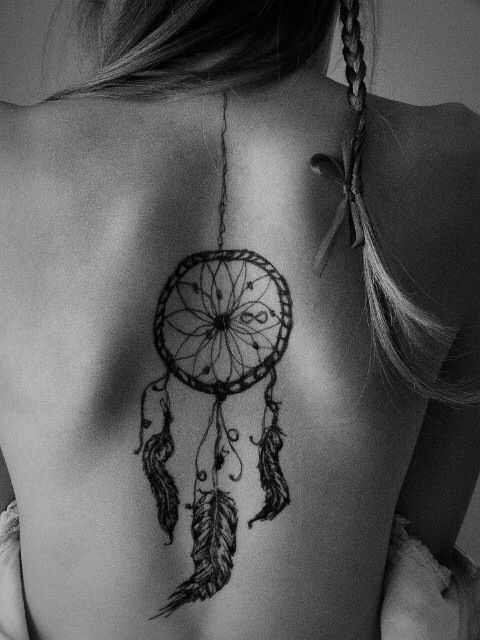 Black Dreamcatcher Tattoo On Girl Back