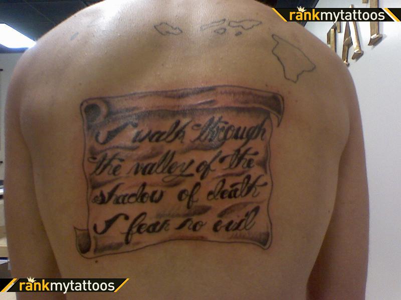 Black Ink Bible Quote In Scroll Tattoo On Upper Back