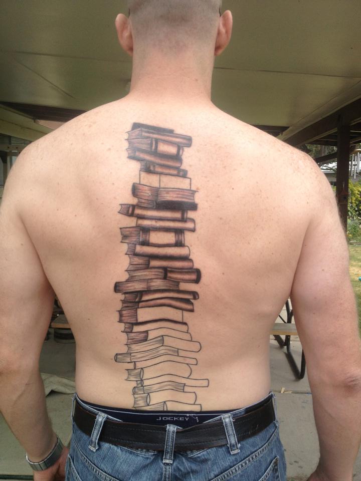 Black Ink Books Tattoo On Man Full Back