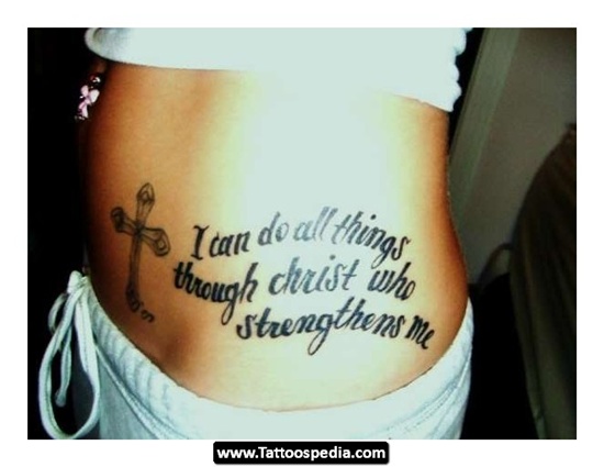 Black Ink Cross With Bible Quote Tattoo On Side Rib